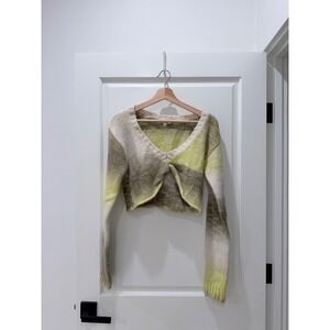 For Love & Lemons Ombre Twist Front Cropped Knit Sweater Green Brown Womens L
